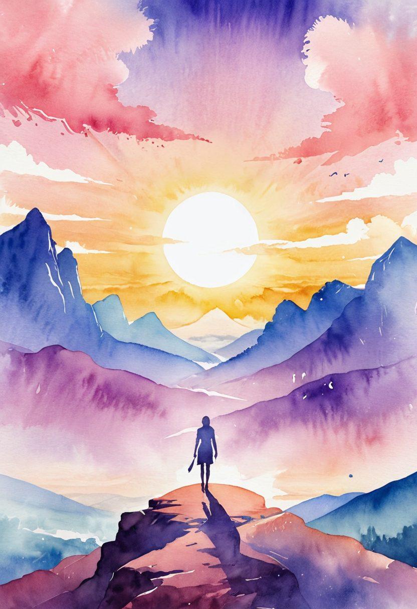 A serene landscape featuring a strong, confident person standing atop a hill, overlooking a vast horizon symbolizing hope and resilience. Surround them with soft, glowing light to symbolize empowerment, while including subtle imagery of oncology symbols, like ribbons or supportive hands. The atmosphere should evoke feelings of strength and community, inviting viewers on a journey of healing and advocacy. watercolor style. vibrant colors. soft focus.