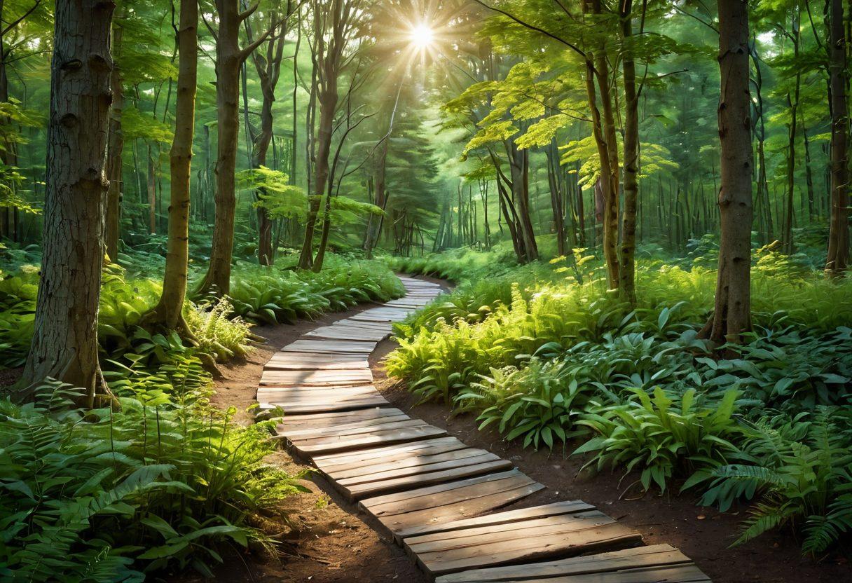 A serene landscape featuring a winding path through a lush green forest, symbolizing the journey of survivors seeking treatment and wellness. Along the path, subtle signs representing essential resources such as books, a doctor, and support groups, inviting exploration and hope. Soft, warm sunlight filtering through the trees, creating a calming atmosphere. naturalistic style. vibrant colors. serene backdrop.